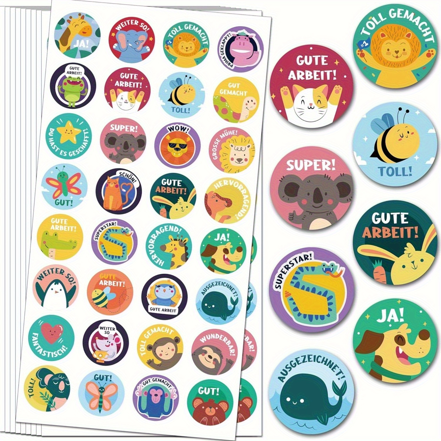slika predmeta 160 nalepk za nagradne živali v nemškem jeziku, 25 mm motivacijskih samolepilnih nalepk za nagrade učiteljev s 32 vzorci, nemške nalepke za nagrade, nalepke z živalmi za učiteljske potrebščine