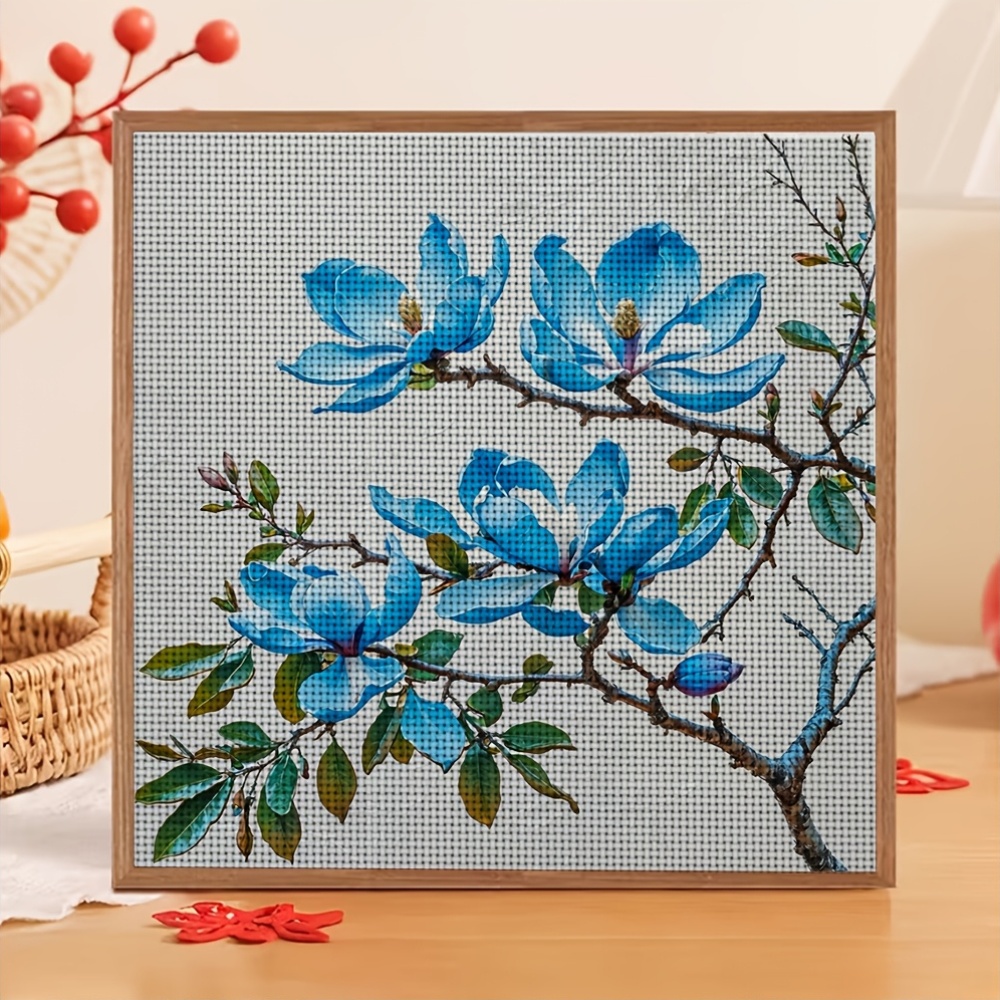 Cross Stitch Printed Kit, Frameless, Blue Magnolia Branch Decoration Pattern