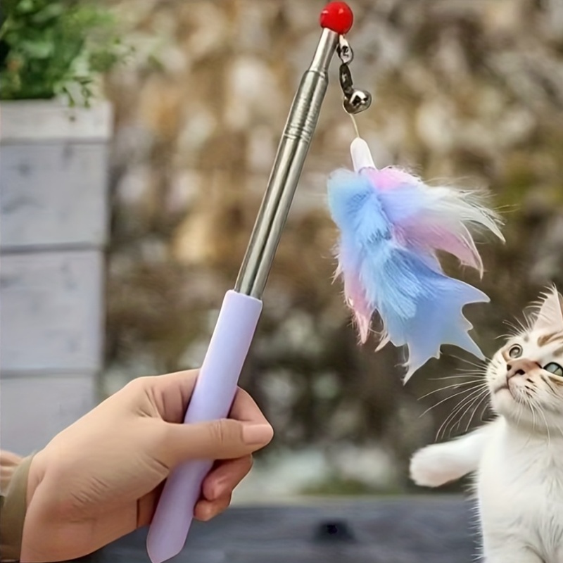 Retractable Bell Feather (Artificial Material) Cat Teaser Wand, Quickly Attracts Cat'S Attention, 4 Colors Available, Without Battery