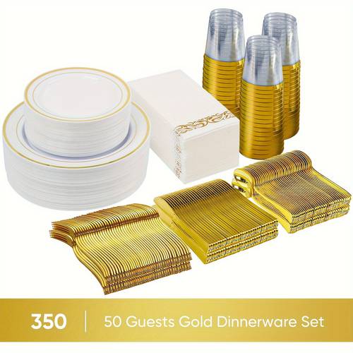 350pcs plastic dinnerware set disposable party plates for 50 guests 50 dinner plates 50 dessert plates 50 pre rolled napkins 50 silverware set and cups for wedding