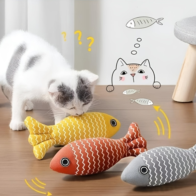 

Interactive Cat Toy With Scent, Polyester Linen Fabric, Cartoon Fish Shaped Stuffed Teaser Plaything, Medium Breed Recommended, Striped Pattern Kitten Toy