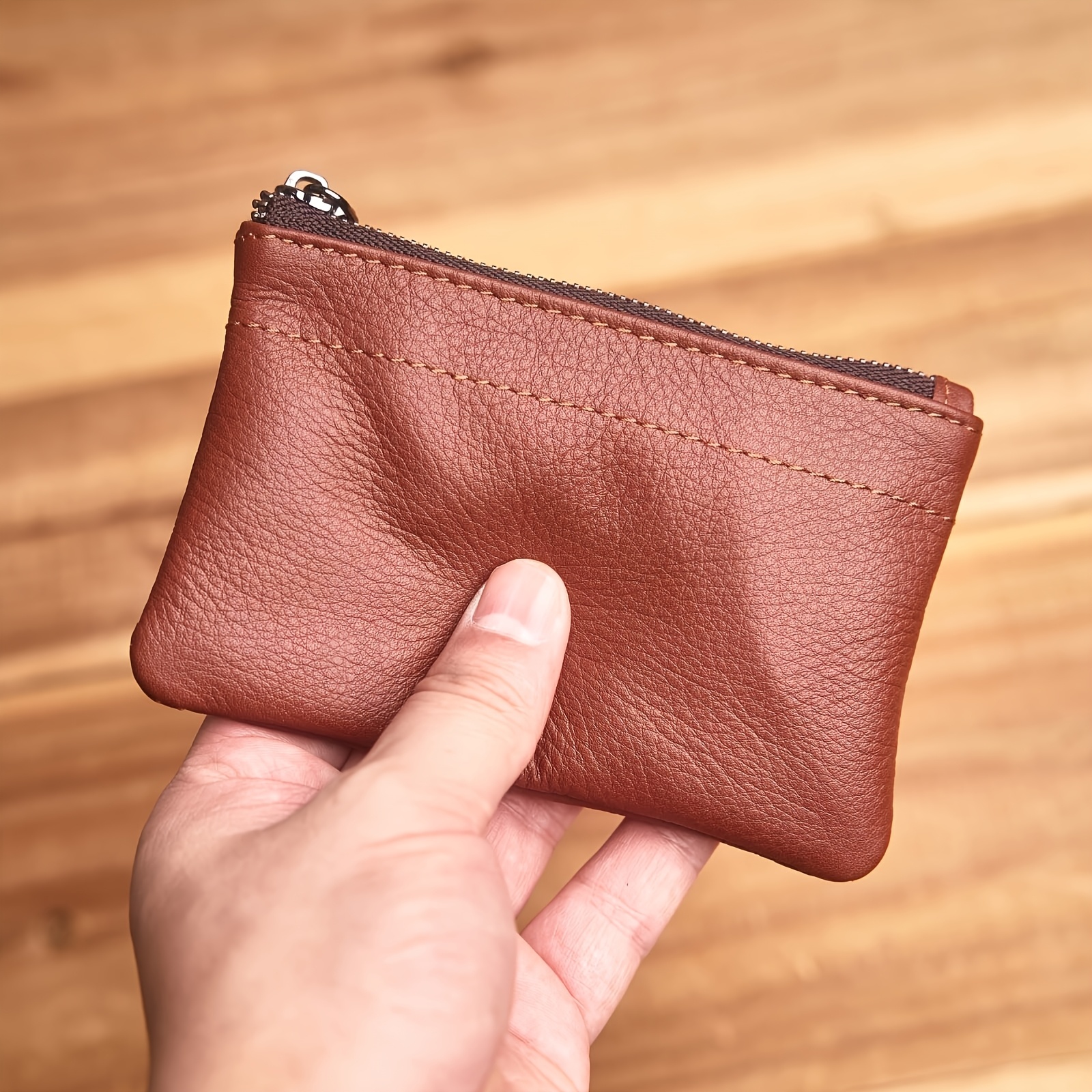 1pc Stylish Genuine Genuine Leather Mini Wallet - Compact Self-Closing Coin Purse & Lipstick Holder, Portable Travel Makeup Organizer, Credit Card Case for Women, Orange or Dark Brown, Textured Finish, Small Purse