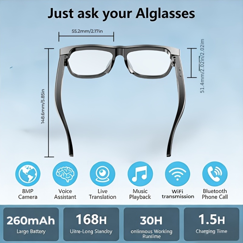 Smart AI Recognition Glasses with Built-In Camera, Clear Photo Capture, Wireless Hands-Free Music And Calls, UV Protection Shades, Comes with Interchangeable Spare Lenses