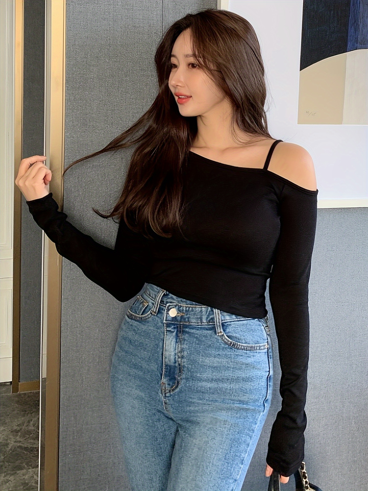 Women'S Casual Long Sleeve T-Shirt One-Shoulder, Strapless, Solid Color,  Regular Length Wear, Casual Attire|One Shoulder Top|Strapless Top