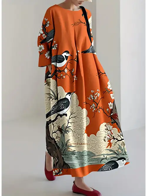 asian inspired maxi dress Chinese Style Printed Silk Dress Plus Size Vintage Maxi Dress in Green One Size