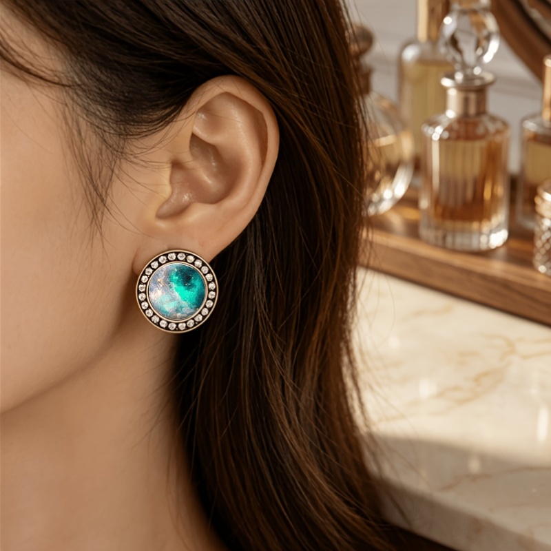 2pcs Transparent Glass Inlaid Stud Earrings Set, Circular Pattern