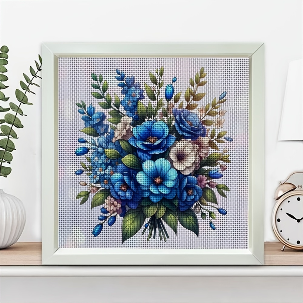 Frameless Cross Stitch Print Kit, Exquisite Blue Bouquet