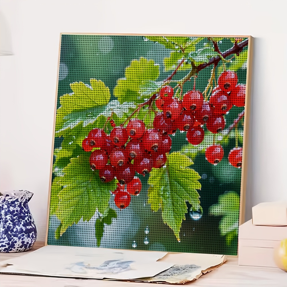 Red Fruit Green Leaf Water Droplet Pattern Cross Stitch Kit
