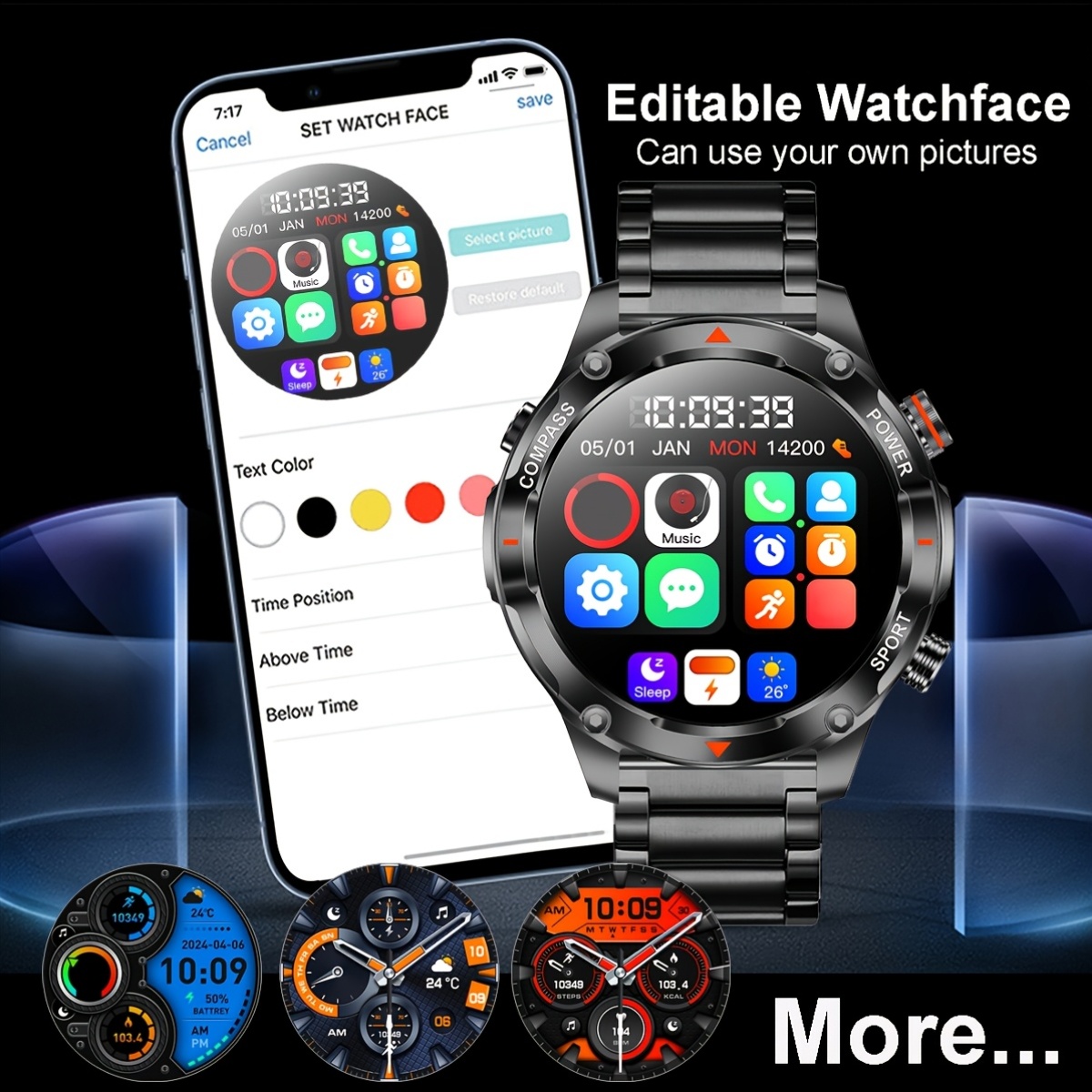 Men's Sports Smartwatch with LED Flashlight & Multiple Watch Faces