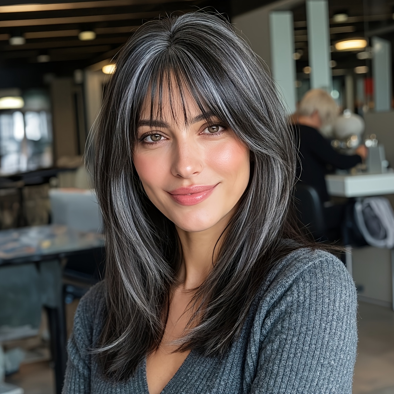 Image of 14-inch Women's Elegant Gradient Black Blunt Bangs Wig With - -resistant Synthetic Hair Suitable For Daily, Parties, Weddings & - -looking Shoulder-length Straight Hair