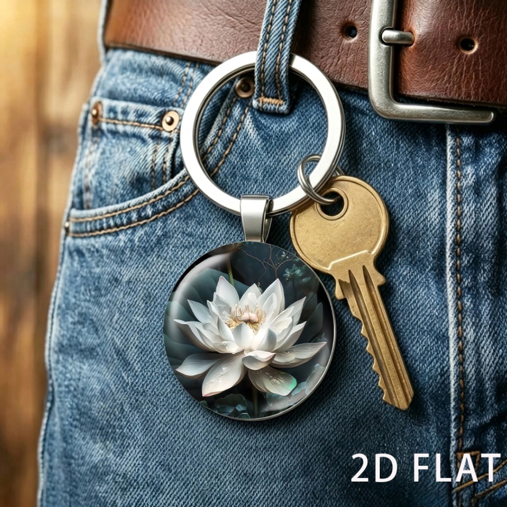 White Lotus Flower Fashion Keychain, Retro Trendy Design