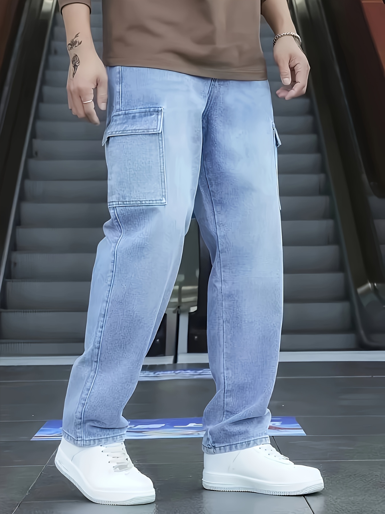 mens street style loose stretch multi pocket cargo jeans - Temu Oman