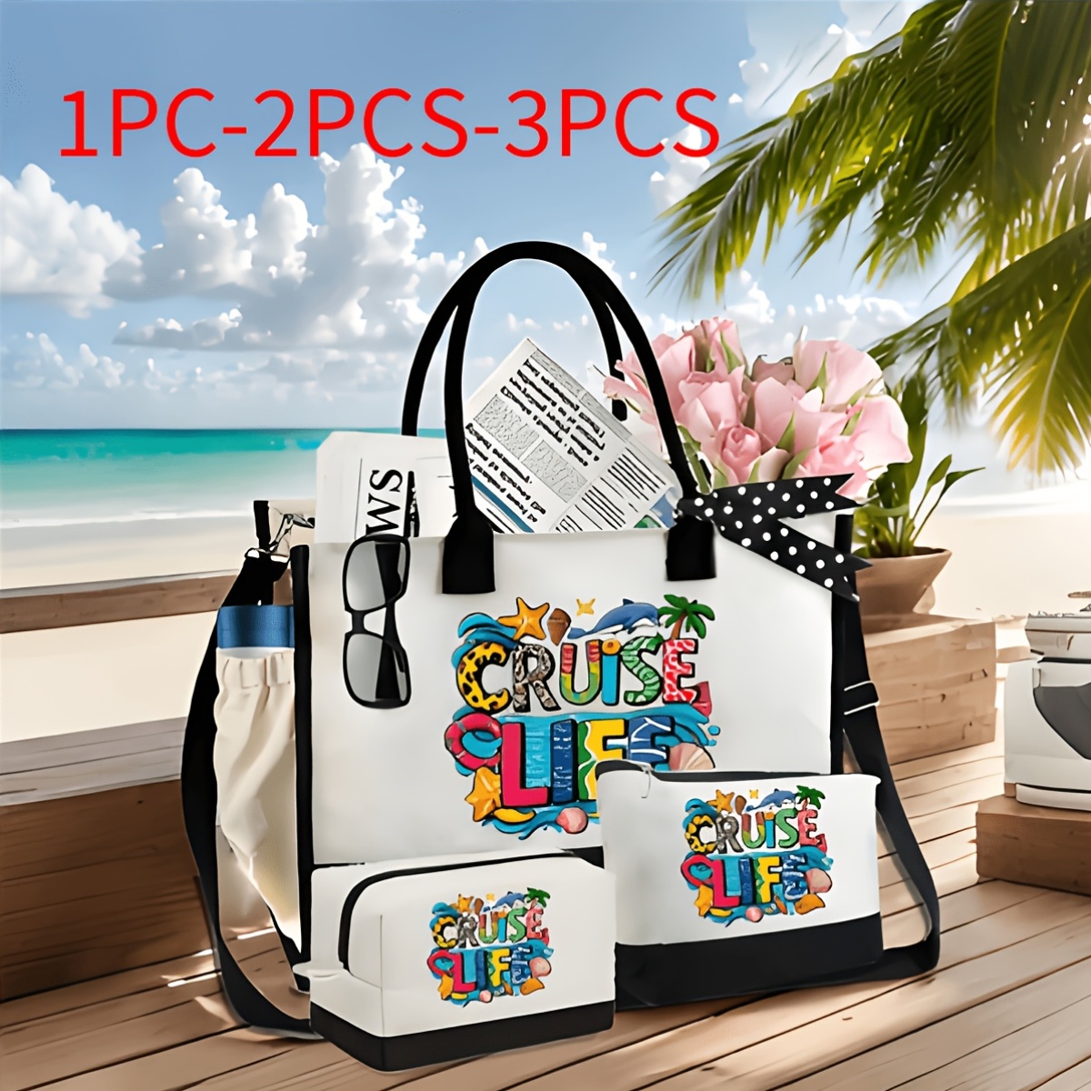 item picture fashionable beach bag printed with cruise   zipper closure cosmetic bag multifunctional coin purse large capacity work shoulder bag portable travel bag cosmetics jewelry additions beach gym work   yoga