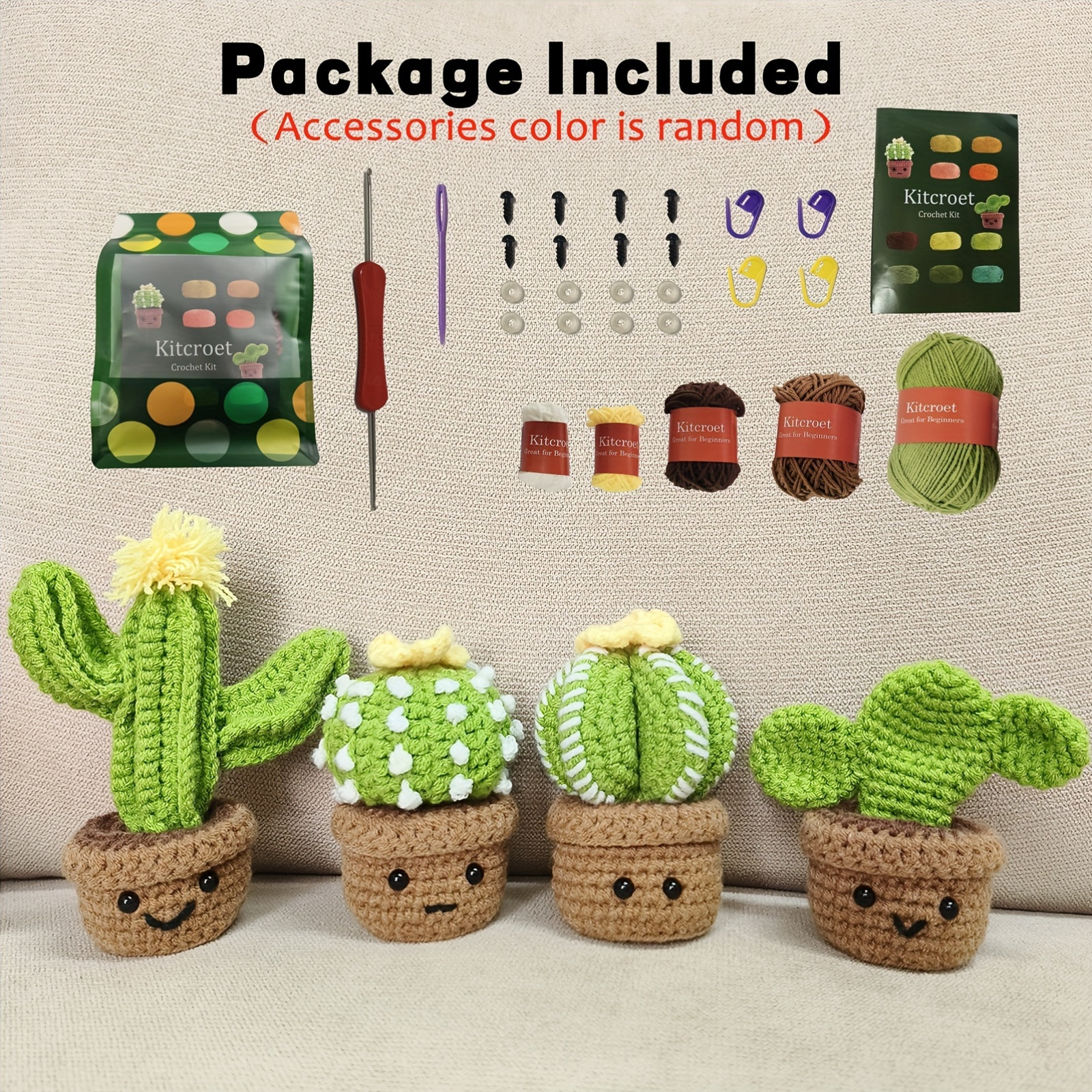TEMU Kit de bricolaje de cactus de ganchillo de 4 piezas con accesorios y videotutorial, juego de manualidades a para principiantes, ideal para regalar, material de tela en verde - Ganchillo incluido