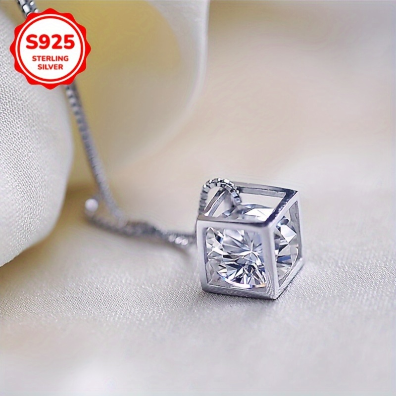 925 Hypoallergenic Sparkling Cube Pendant Necklace, Versatile Gift