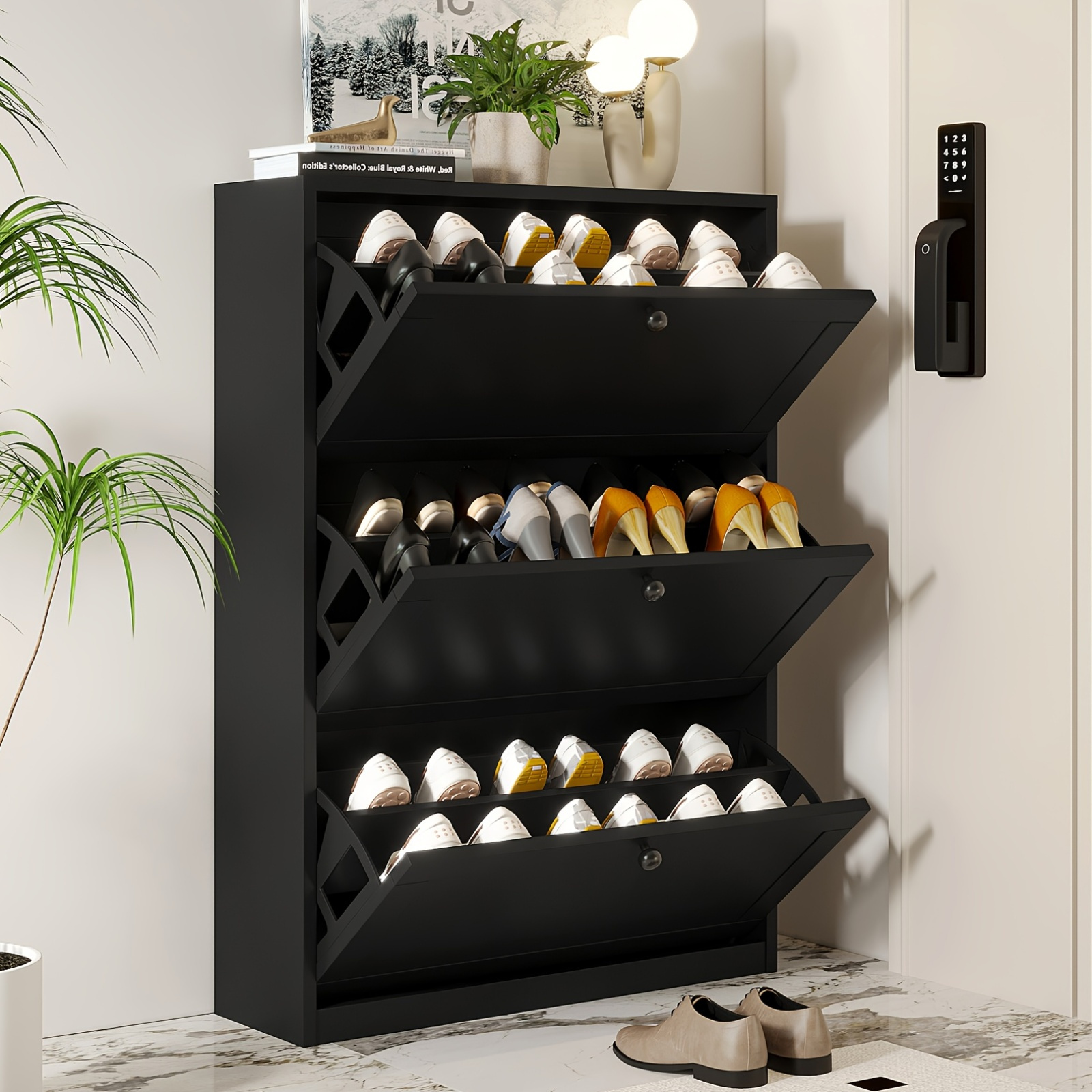 Nicetree Shoe Cabinet With 2 Flip Drawers, Freestanding Shoe Organizer Metal Legs Narrow Shoe Rack Cabinet Farmhouse Slim Shoe Storage Cabinet Entryway Foy