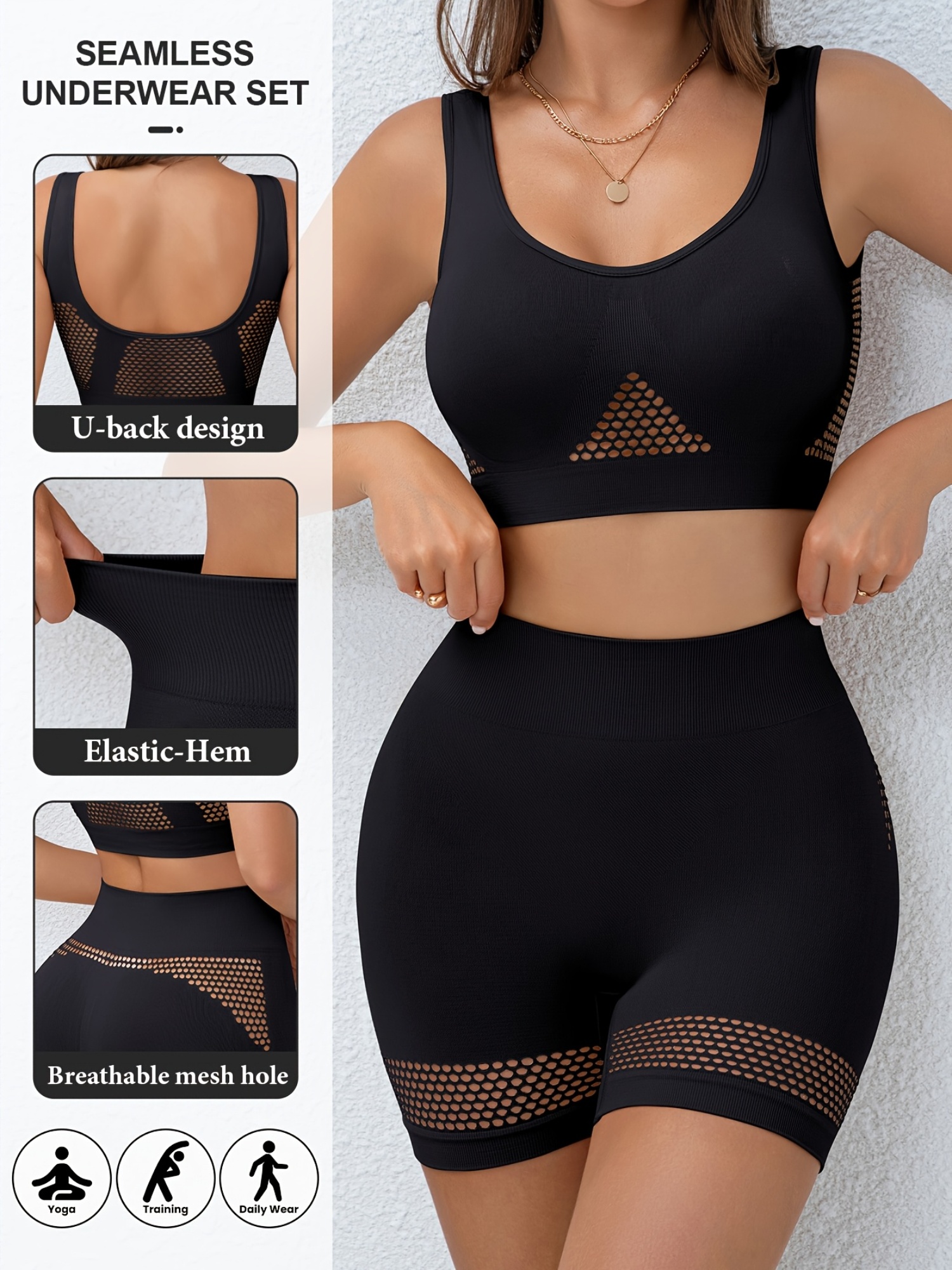 womens breathable mesh sports bra and panties set single layer wireless bra sports vesties underwear black seamless yoga base layer details 2