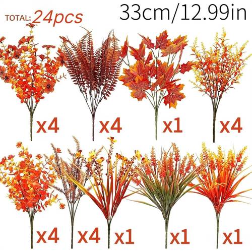 24 pezzi 9 di fiori artificiali autunnali per decorazioni estive - piante autunnali resistenti ai uv, finte crisantemi in , foglie , , per portico autunnale, , interni, davanzale, decorazioni per il ringraziamento in stile