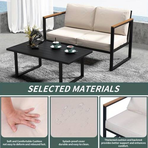 4pcs outdoor patio furniture metal conversation set with coffee table loveseat 2 chairs and thick cushions backyard balcony and courtyard black and beige