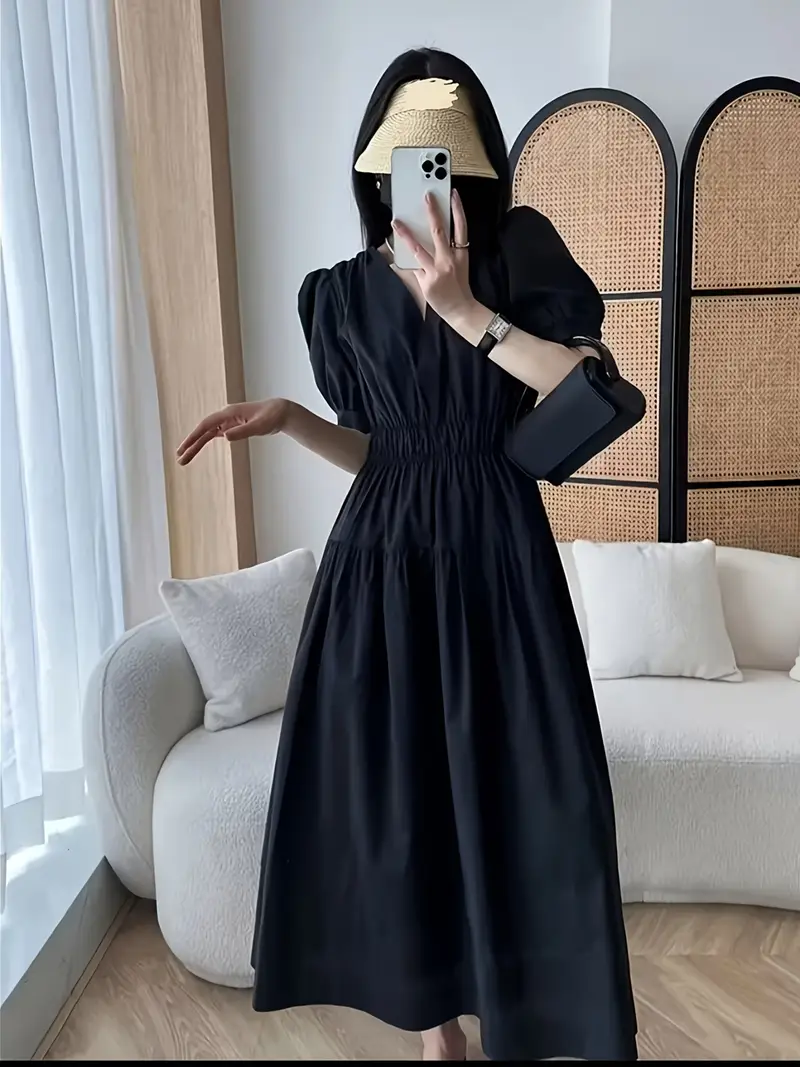 dress fitted waist flared skirt Black Drop Waist Mini Dress - All Dresses