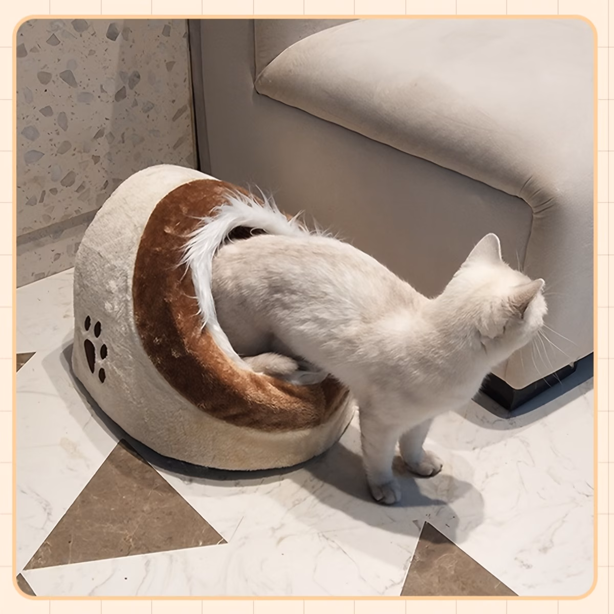 soft plush cave cat bed with fluffy trim entrance warm enclosed pet sleeping nest cozy hideaway shelter for indoor kittens small cats Product details 3