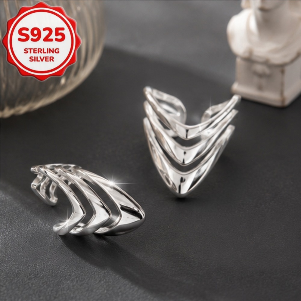 Women's S925 Silver Multi-Layer V-Shaped Statement Ring, Adjustable