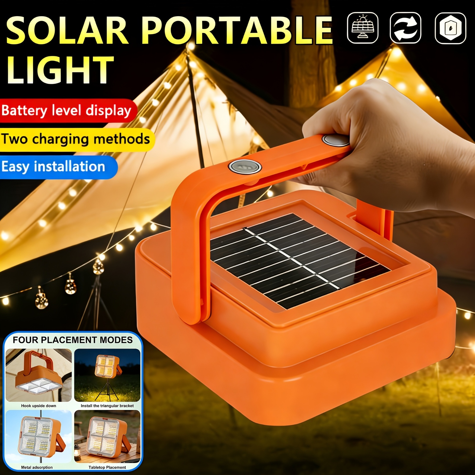 TEMU Solar Multi-functional Camping Lamp, With Red And Blue Warning Lights, 4 Adjustable , 2 Charging . Suitable As A Father's Day Gift, Easter Gift.