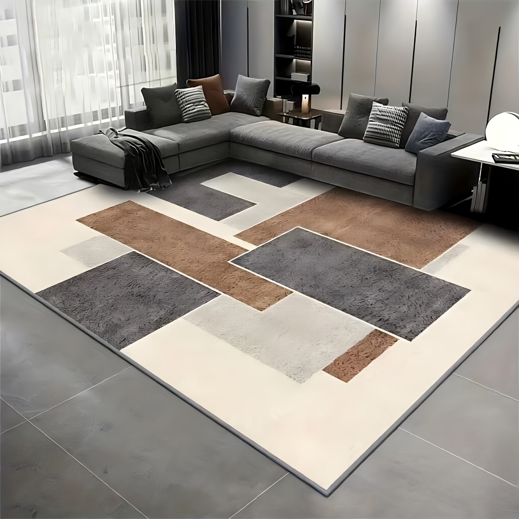 TEMU A Soft And Thick Area Rug Featuring A Modern Minimalist Geometric Design In Beige, Brown, And Gray. Machine Washable, Soft, Comfortable, And