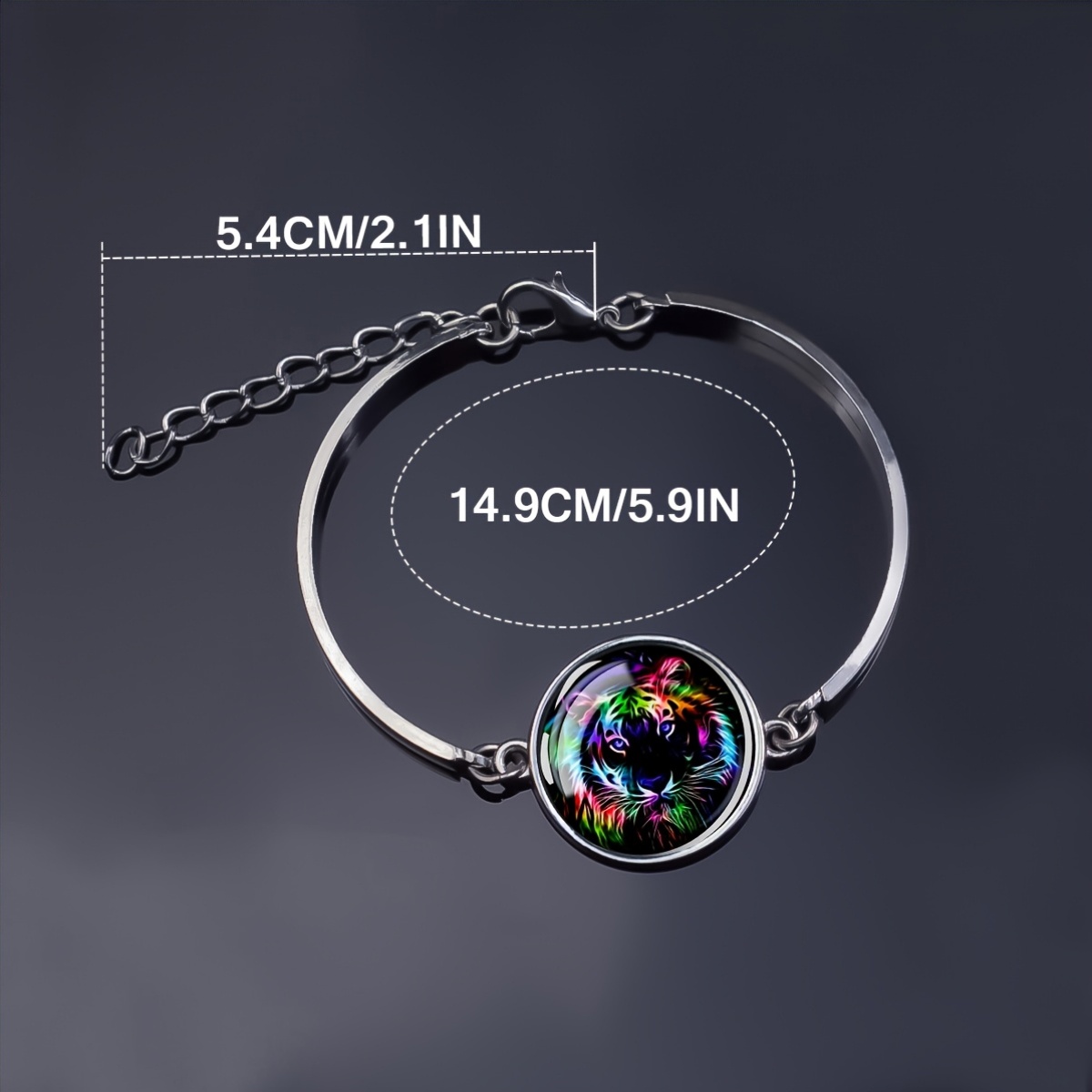 Rainbow Psychedelic Tiger Head Pattern Glass Dome Bangle Bracelet