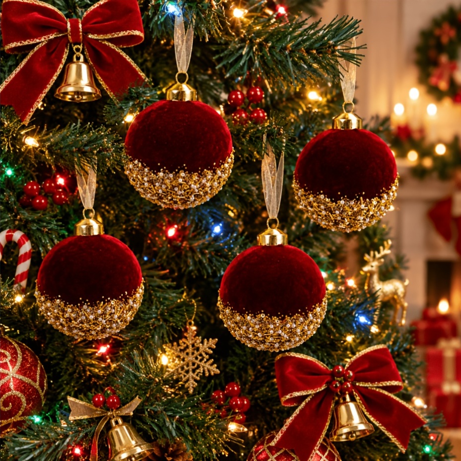 TEMU 4pcs [10.5cm X 8.5cm] Luxurious Velvet Christmas Ball Ornaments, Decorative Balls, Burgundy Red Golden Sequined Velvet Hanging Ornaments,