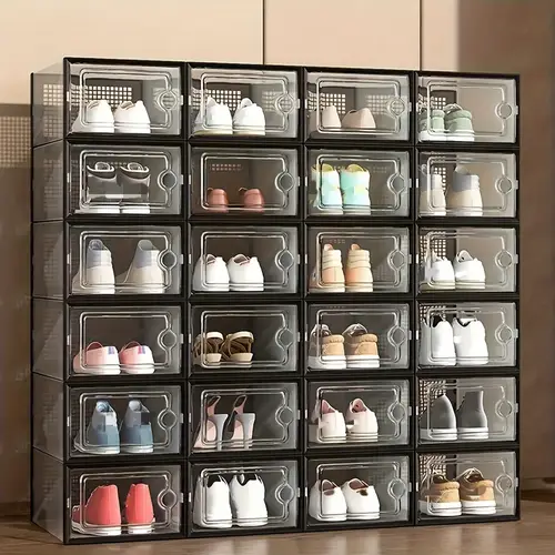 24 12 6 thickened transparent shoe boxes with lids foldable and stackable shoe racks combinable plastic sneaker containers space saving storage organizers for bedrooms homes dormitories etc