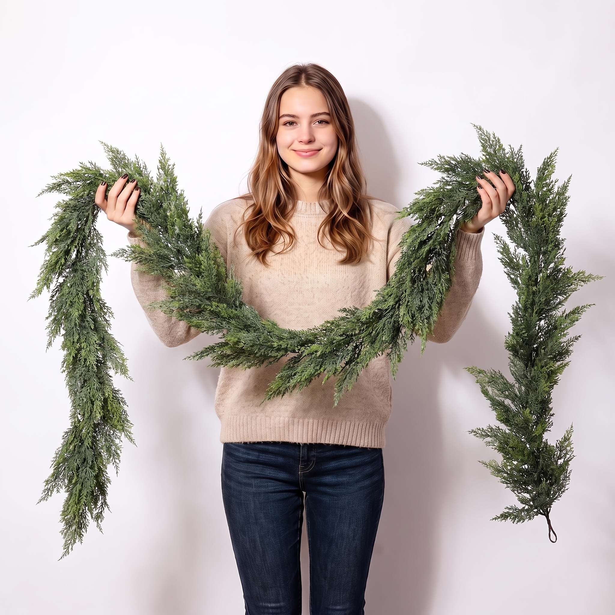TEMU 2pcs -inch Lifelike Touch Artificial Cedar Garland For Christmas Decor | Thick And , Realistic Fake Cedar Pine Needles Greenery, For