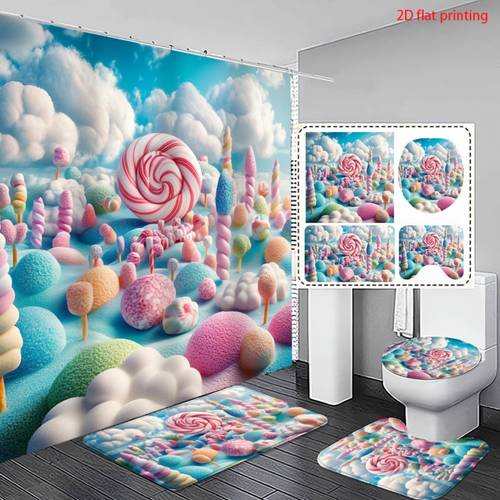 4pcs candyland themed bathroom set printed shower curtain and non slip toilet seat cover sweet pastel for modern bathrooms exquisite and decoration gift
