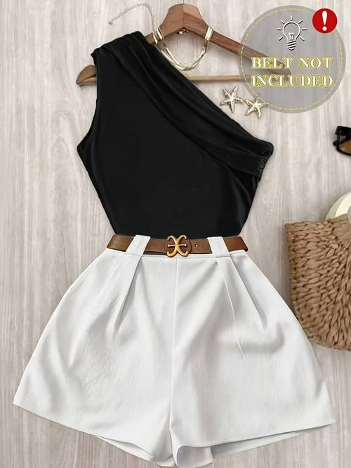 spring summer autumn womens thin breathable suit solid color ruffle off shoulder slanting shoulder top and shorts elastic waist loose fit shorts suit fashion casual elegant commuter outfit without belt and pocket