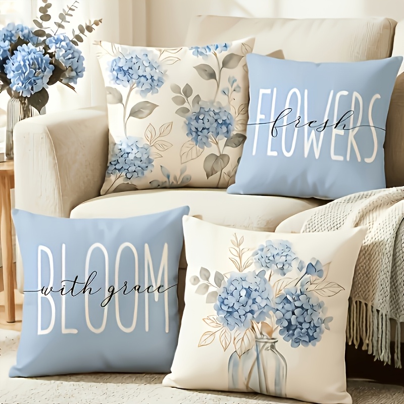 TEMU 4pcs Blue Hydrangea And Print Themed Pillowcases: Blue Hydrangea Clusters With Gilded Branches And Leaves, Fresh And Elegant, Full Of Pastoral