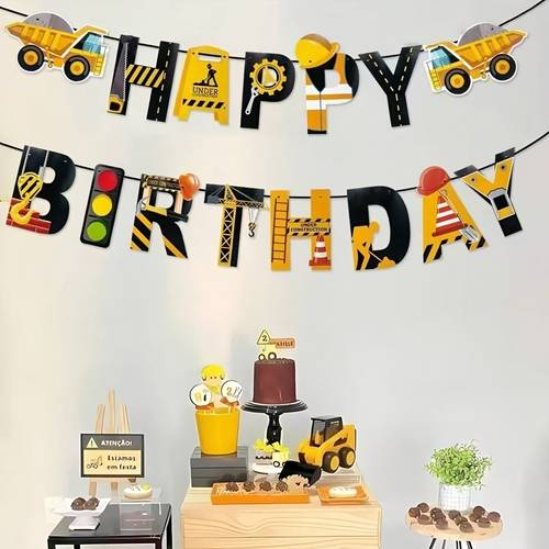 happy birthday banner with a construction vehicle theme a party atmosphere and essential for birthday decorations