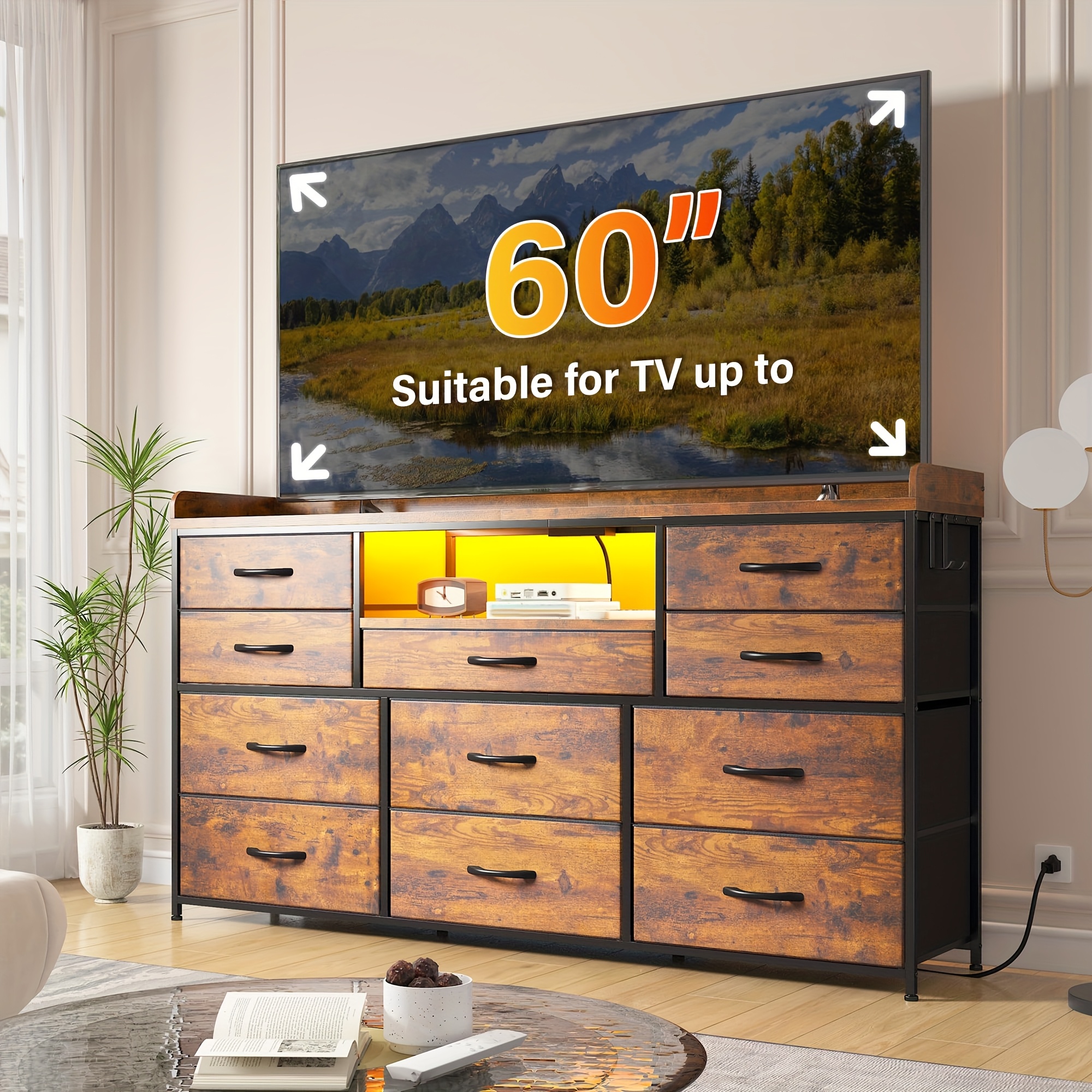 55" wide dresser with station & led - heavy-duty metal frame & wood stand  dresser suitable for s, 10-drawer with mesh doors, adjustable feet, rustic  brown ( ) | Great Deals | Temu