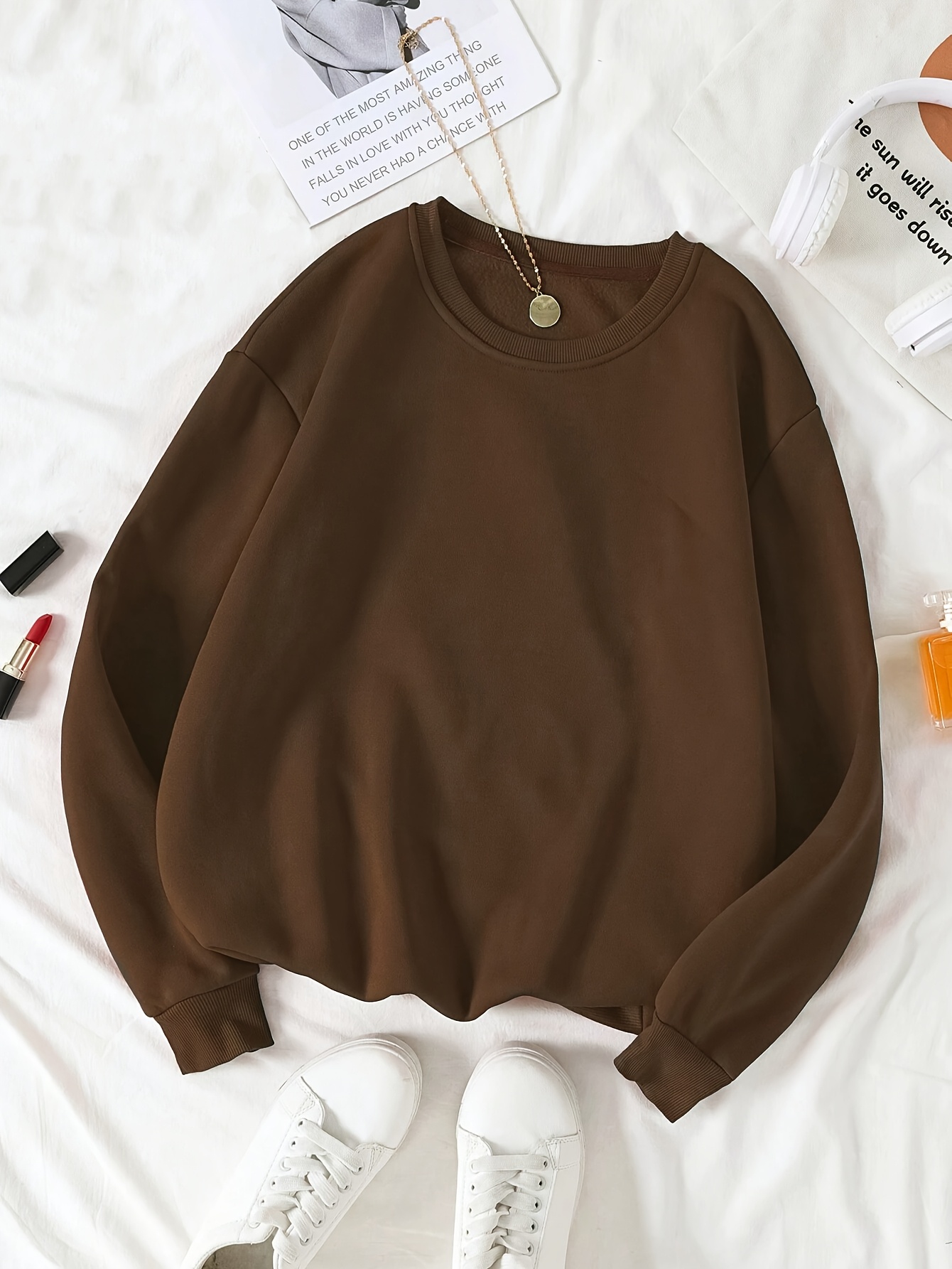 Herbst/Winter-Kleidung für Damen Bequemer, brauner Pullover mit  Rundhalsausschnitt, langen Ärmeln, geribbten Manschetten für den  Herbst/Winter,