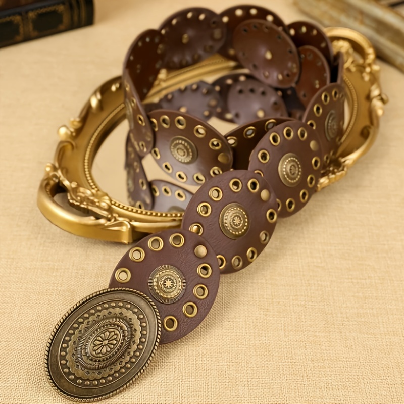 Vintage Style Oval Waist Belt with Studded Hollow Out Design VirtusNoir Boho Big Belts PU Leather Oval Studded Concho  main image 4