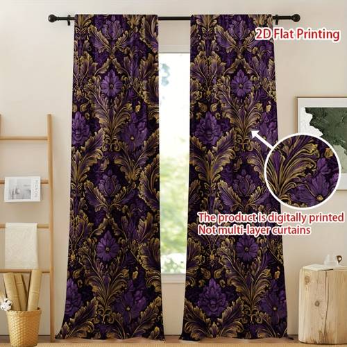2d flat 2d flat trendy purple and golden floral damask polyester door curtain featuring a 2d flat design a stylish touch to your bedroom kitchen or living room decor