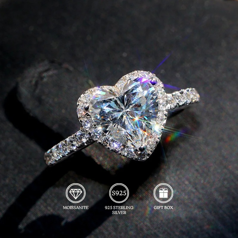 Women's Romantic Heart Shape Moissanite 925 Sterling Silver Ring, Gift