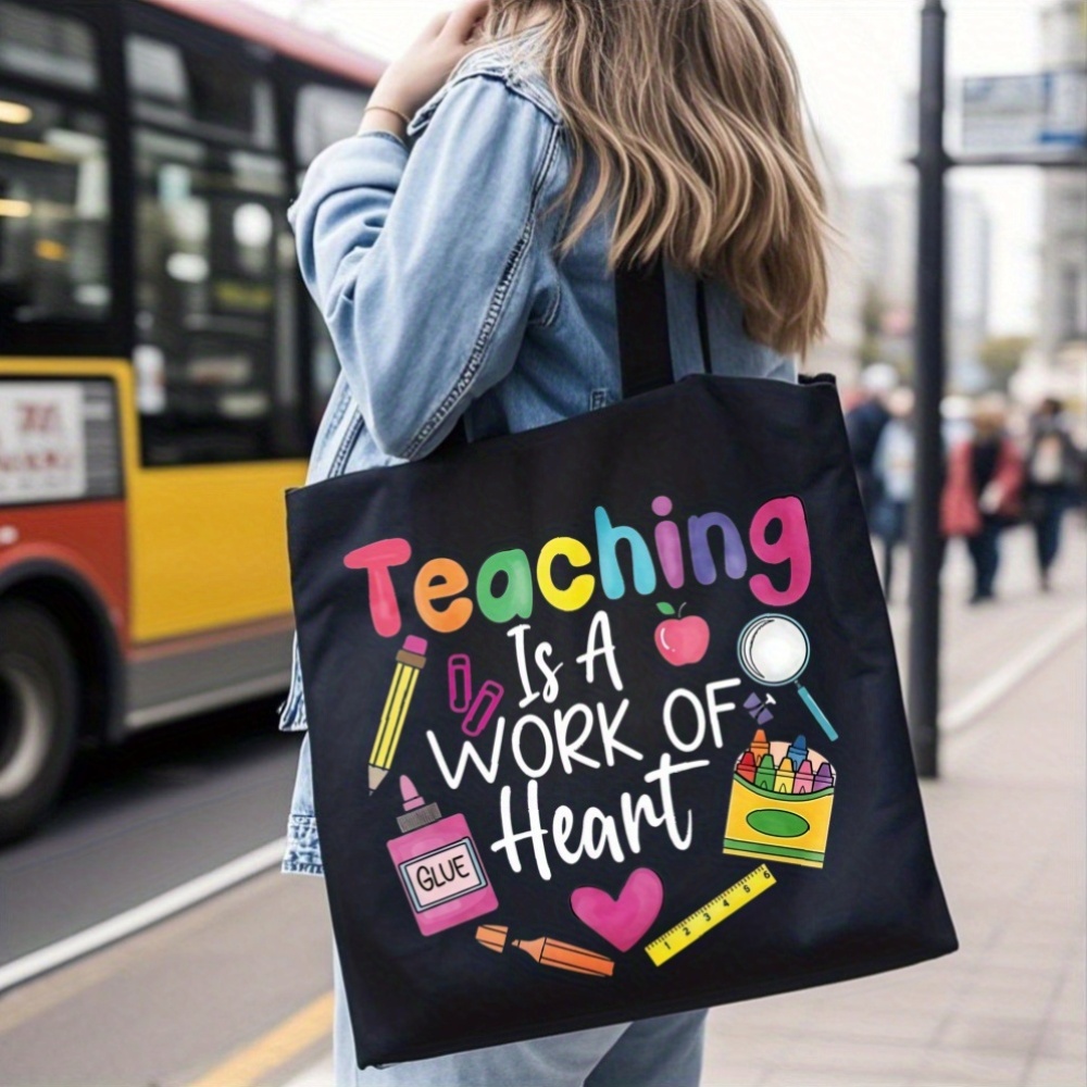 TEMU 1pc Large-capacity Reusable Tote Bag Suitable For School & Shopping, Teacher-themed "teaching Is " Slogan Print, Durable Lightweight Bag With