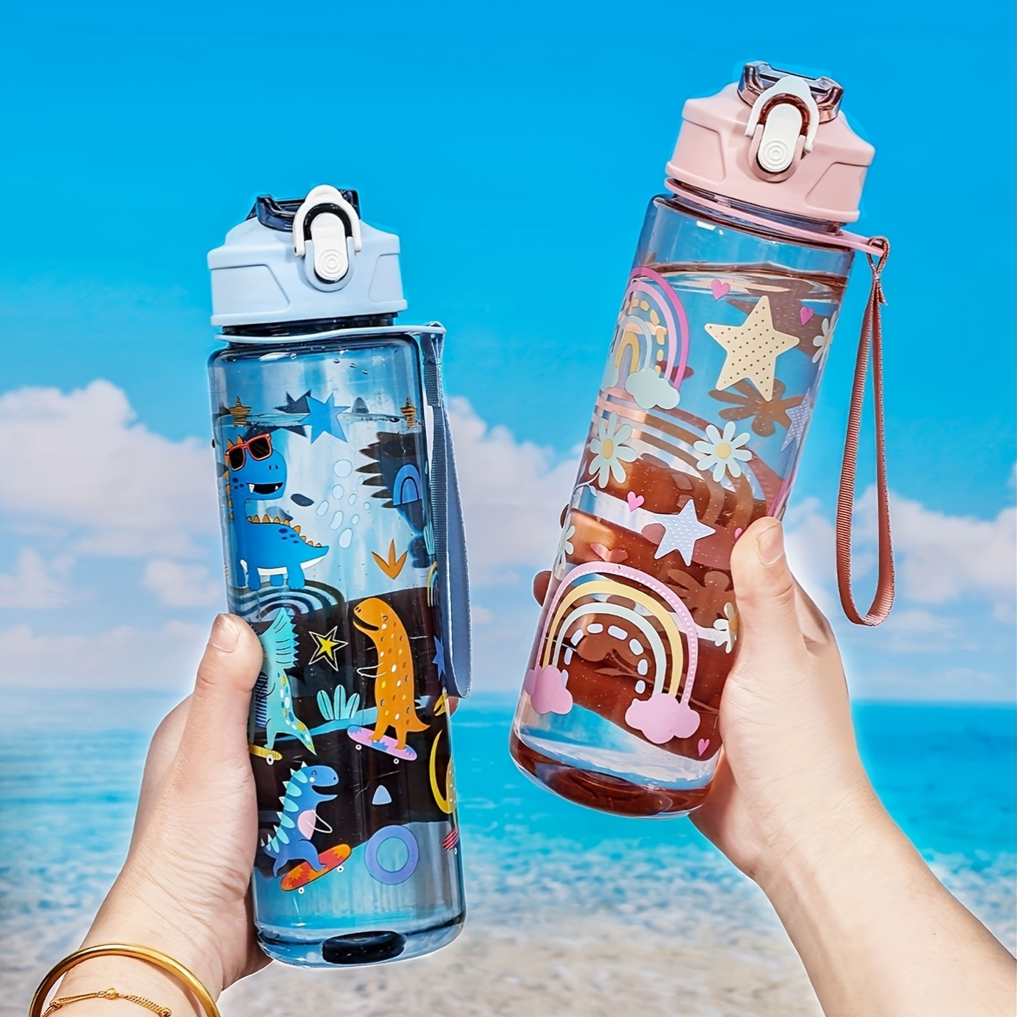 Een 850ml/28oz Modieuze Draagbare Drinkbeker Met Rietje Schattige Cartoon Teddybeer Plastic Drinkbeker Met Een Grote Buik Voor Scholen Kinderuitstapjes Voor Kamperen En Reizen Blauwe Kleur