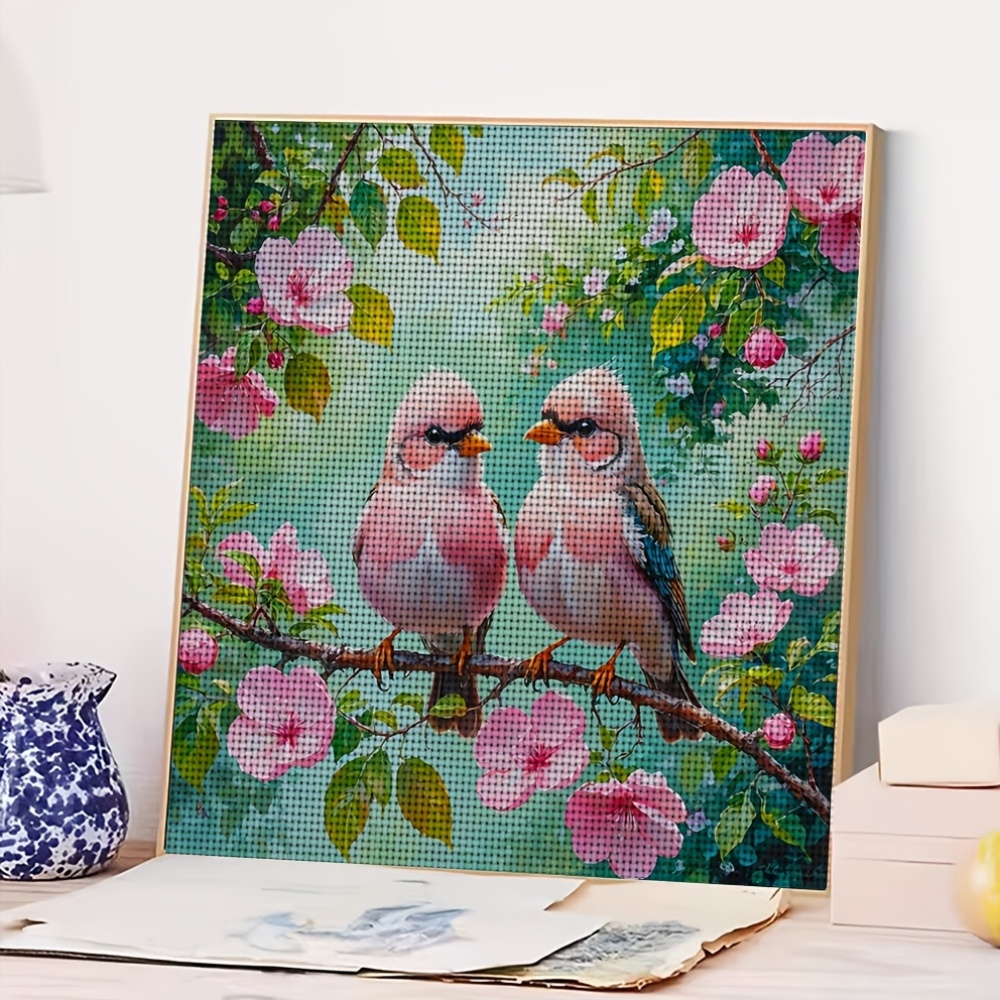 New Cross Stitch Printed Kit, Frameless 'Two Birds Perching on Pink Flowers' Pattern