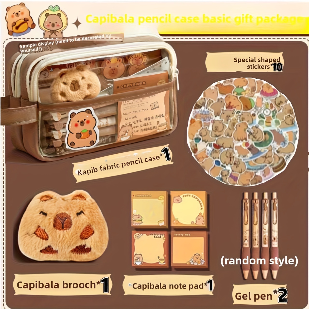 TEMU 15 pièces Trousse à Crayons Thème Capybara, Boîte à Crayons Transparente à 5 Compartiments, Inclut Trousse à Crayons, Autocollants, Peluche,