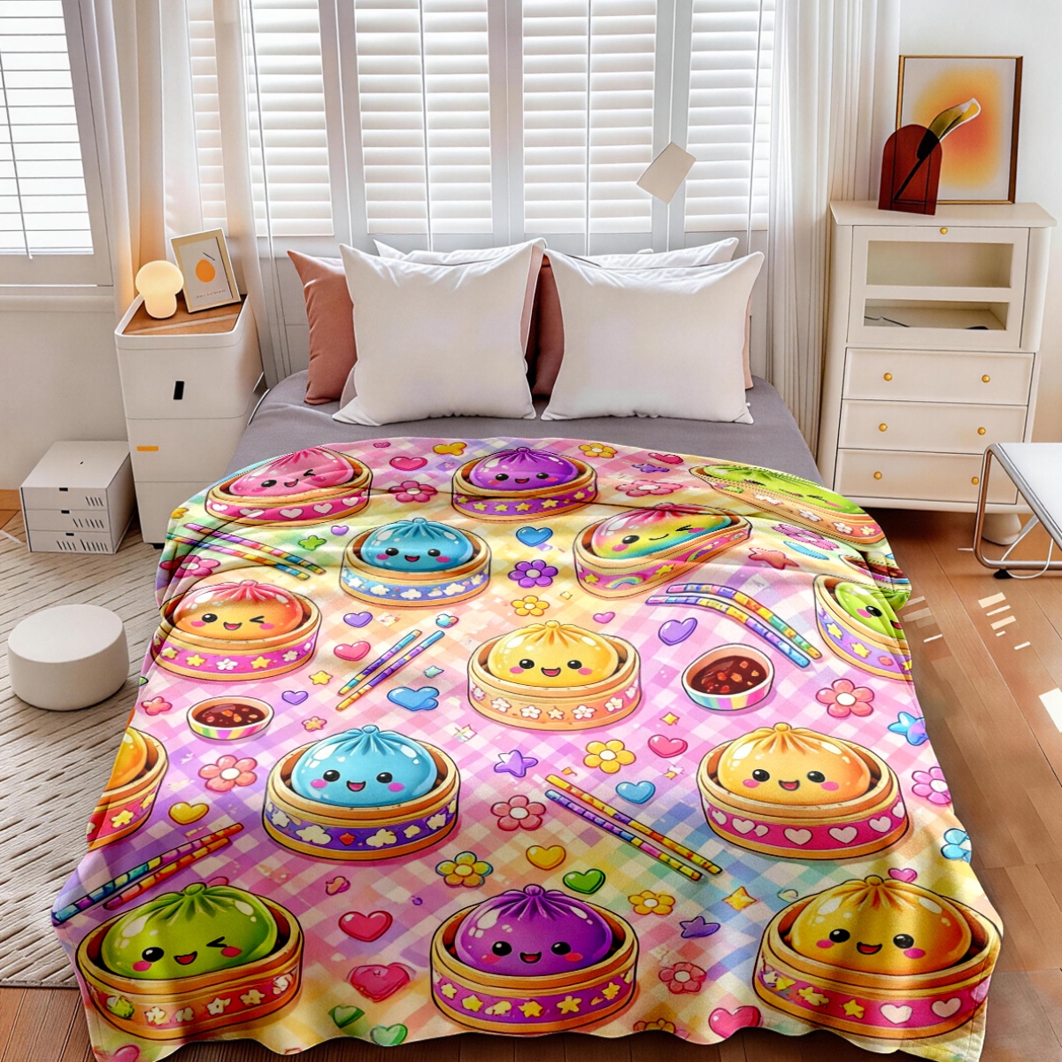 Macaron Checkered Cartoon Flannel Blanket