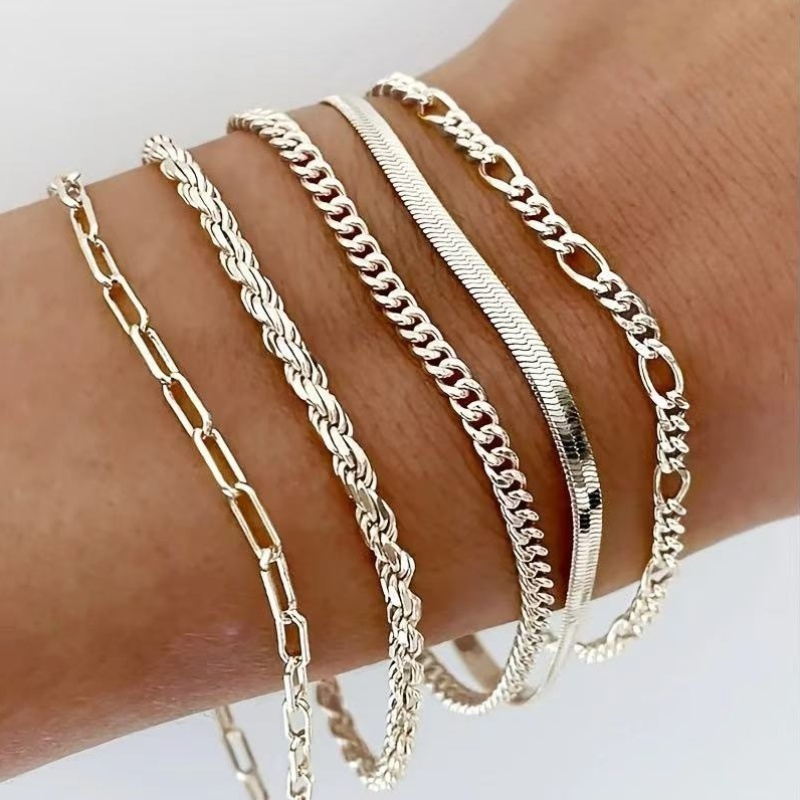 5pcs Silvery Cuban Chain Bracelets Set, Handcrafted
