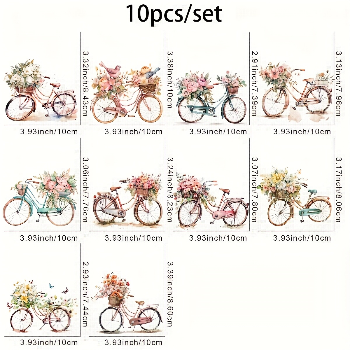 TEMU 10pcs/set Floral Bike Vinyl Iron-on Transfer Stickers - Washable Decals For T-shirts, Jeans, Masks & Backpacks
