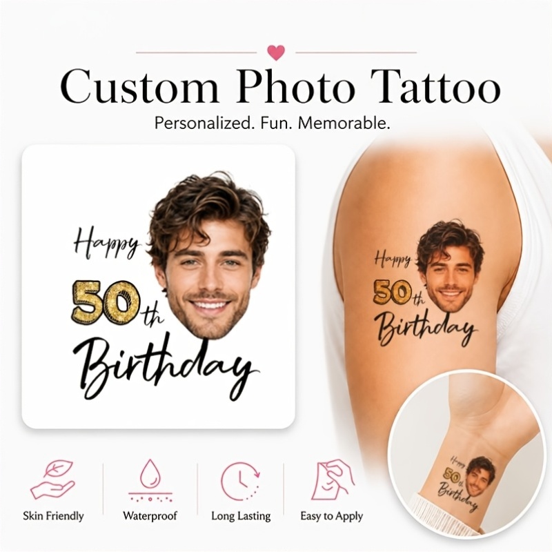 TEMU 21pcs Custom Temporary Tattoos, Men's Portrait With 50th Birthday Text, Temporary Tattoo Stickers, Custom , Photo , With Happy Birthday English