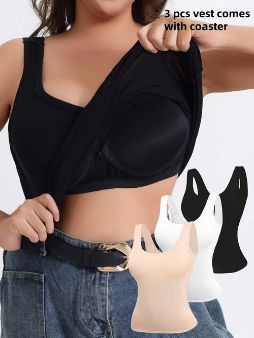 3pcs set womens casual solid easy wide strap camisole fixed all in one cup chest pad required commuter style